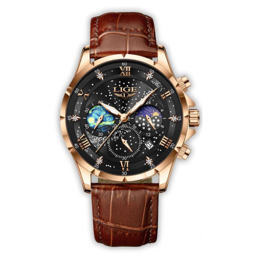 Herren Armbanduhr Mondphase Edelstahl Schwarz