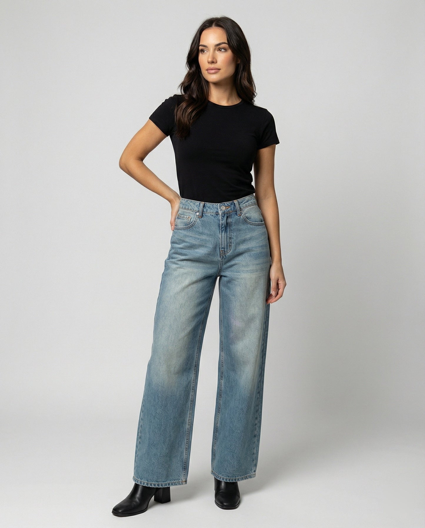 Damen Jeans Blau Weites Bein Katzenmuster