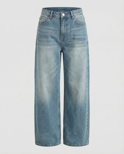 Damen Jeans Blau Weites Bein Katzenmuster
