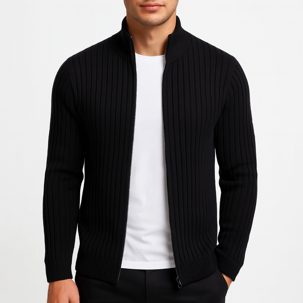 Zip-Up Cardigan – Gerippt – Durchgehender Reißverschluss – Gestrickte Strickjacke – Herren-Strickjacke-Schwarz-S-Chaps Herrenmode