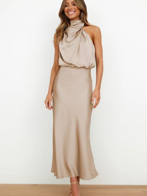 Elegantes Satin-Kleid Frauen Halterhals Abendkleid