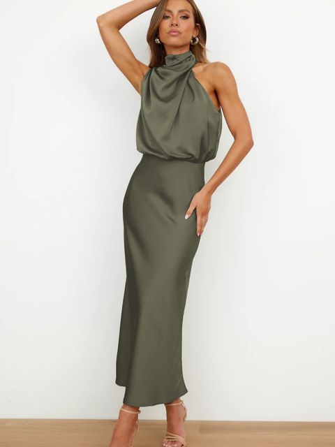 Elegantes Satin-Kleid Frauen Halterhals Abendkleid