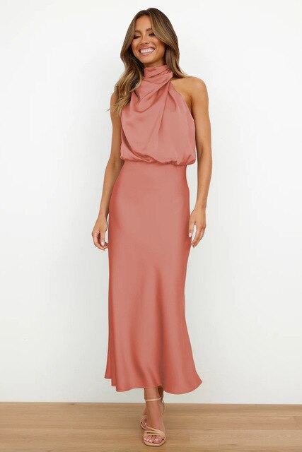 Elegantes Satin-Kleid Frauen Halterhals Abendkleid