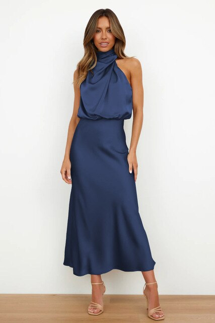 Elegantes Satin-Kleid Frauen Halterhals Abendkleid