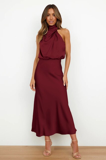 Elegantes Satin-Kleid Frauen Halterhals Abendkleid