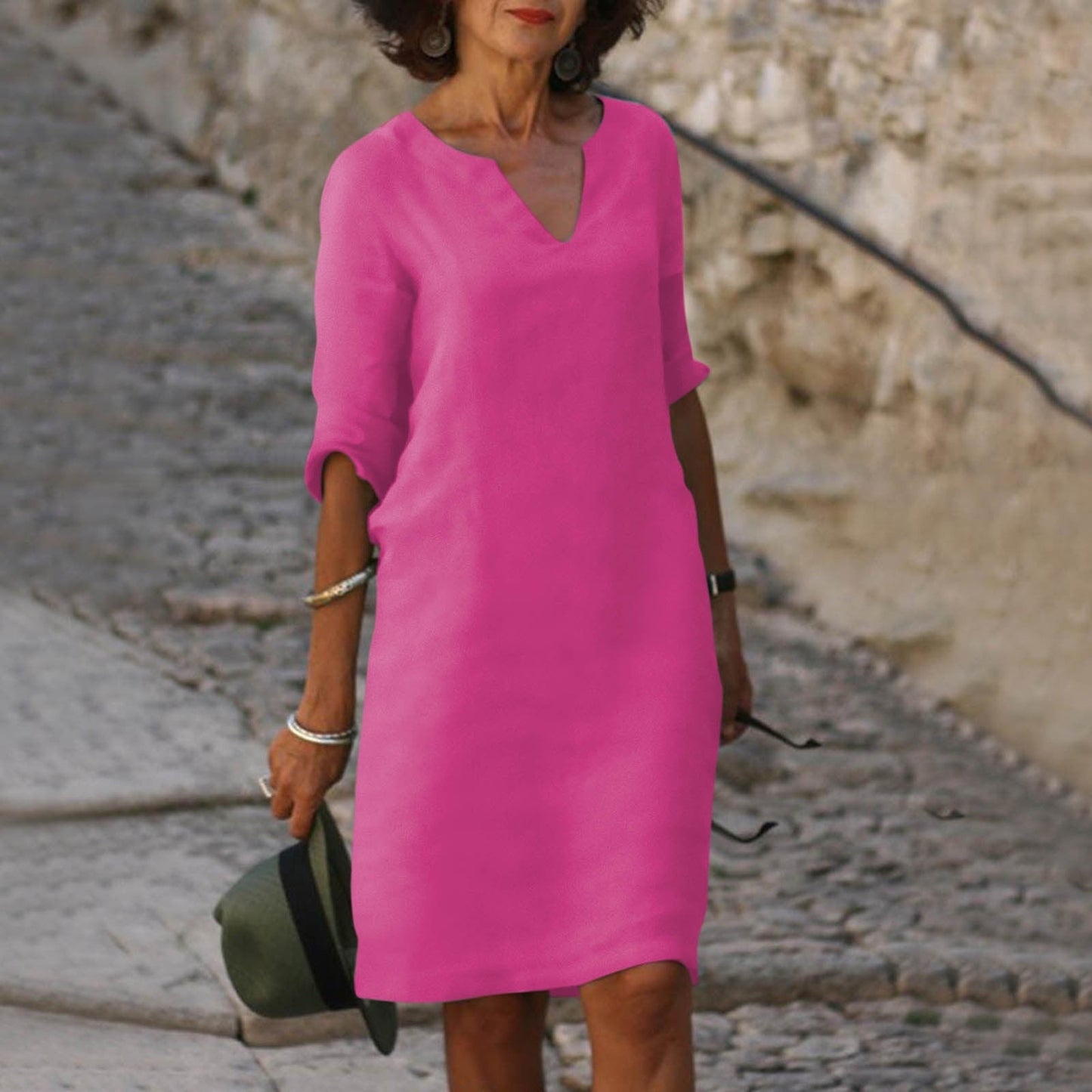 Sommerkleid Leinen Kurz locker Ärmel Damenkleid