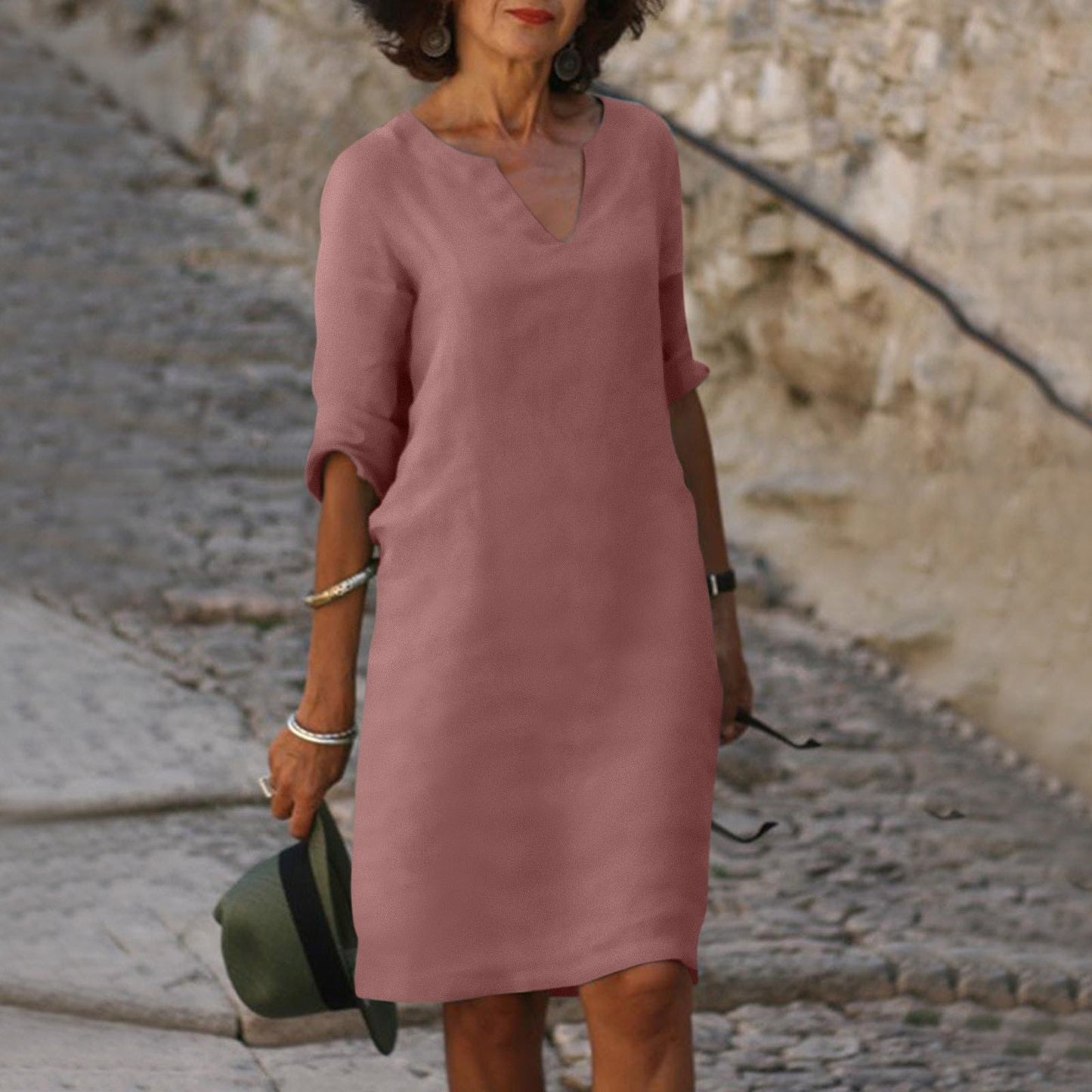 Sommerkleid Leinen Kurz locker Ärmel Damenkleid
