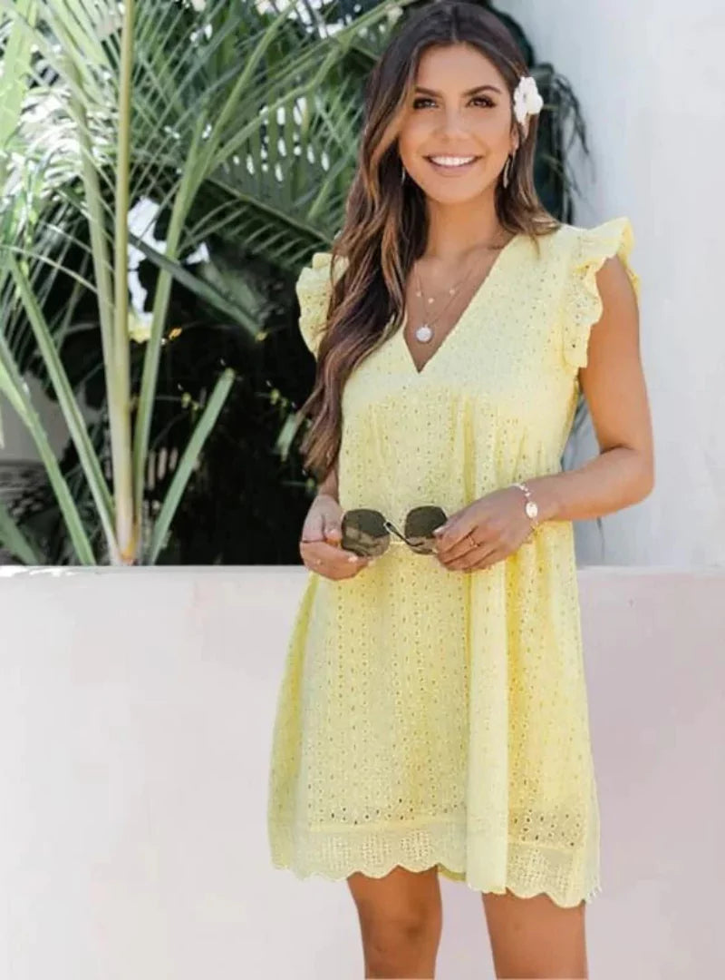 Sommerkleid mit Stickerei V-Ausschnitt Leicht und Lockergeschnitten