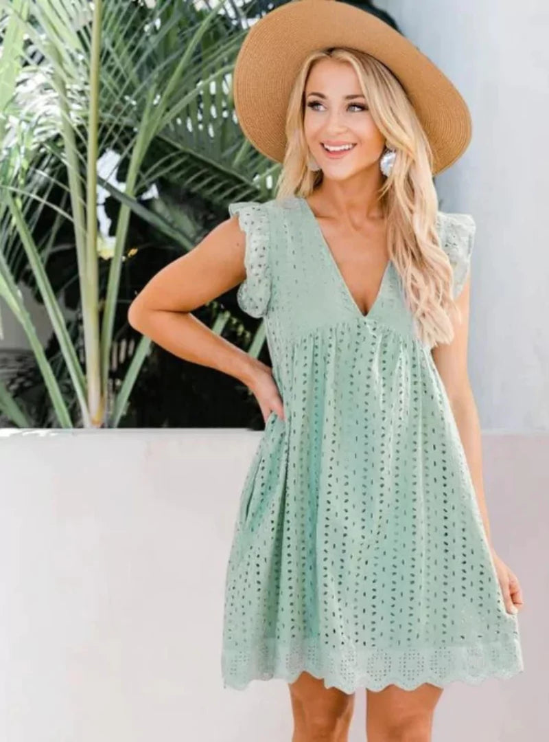 Sommerkleid mit Stickerei V-Ausschnitt Leicht und Lockergeschnitten