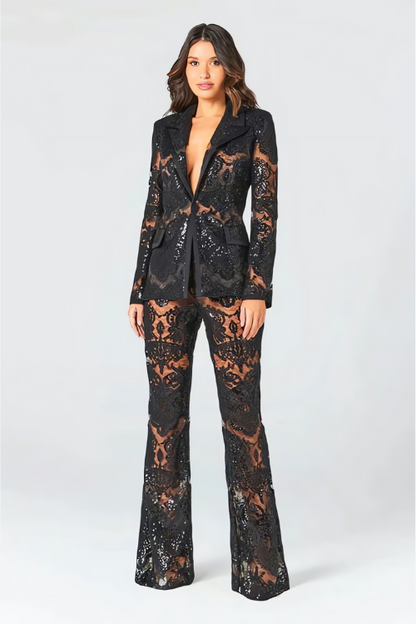 Glamour Anzug Damen Pailletten Blazer Hose Set