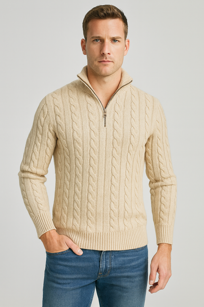 Zopfmusterpullover – Halb-Reißverschluss – Pullover – Viertel-Reißverschluss-Pullover – Herrenpullover-Beige-M-Chaps Herrenmode