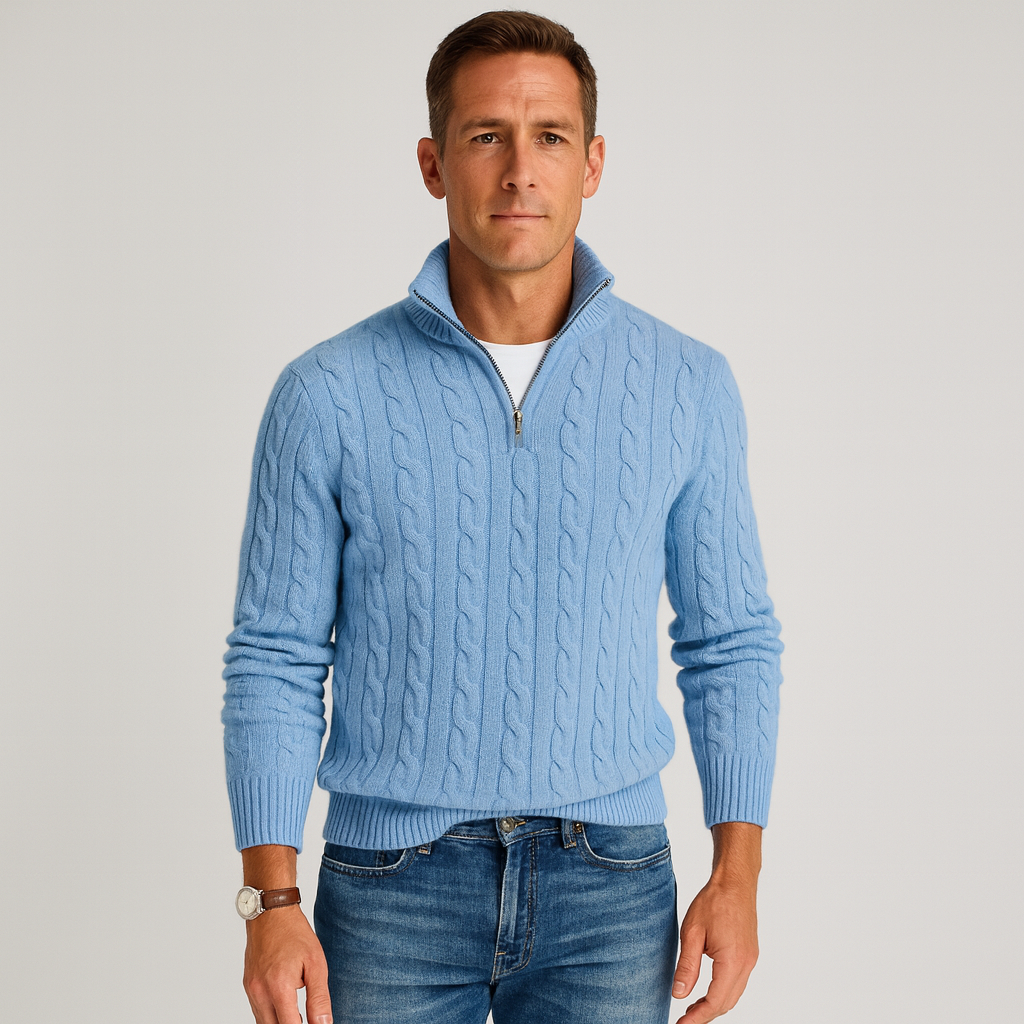 Zopfmusterpullover – Halb-Reißverschluss – Pullover – Viertel-Reißverschluss-Pullover – Herrenpullover-Hellblau-M-Chaps Herrenmode