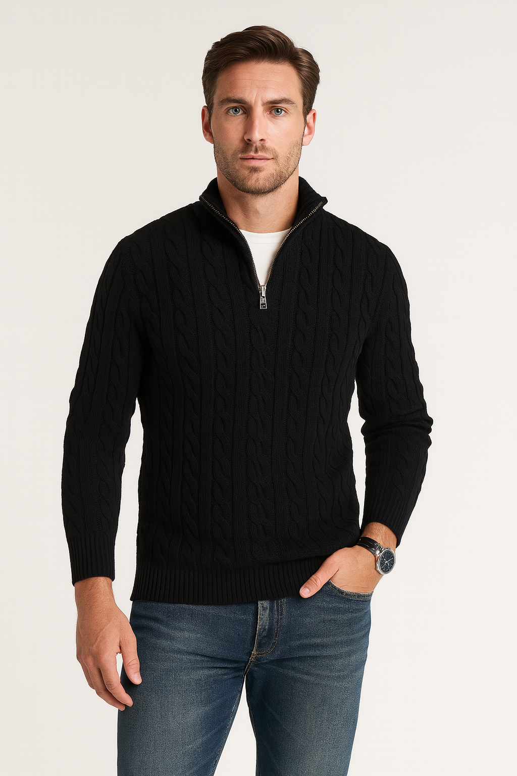 Zopfmusterpullover – Halb-Reißverschluss – Pullover – Viertel-Reißverschluss-Pullover – Herrenpullover-Schwarz-M-Chaps Herrenmode