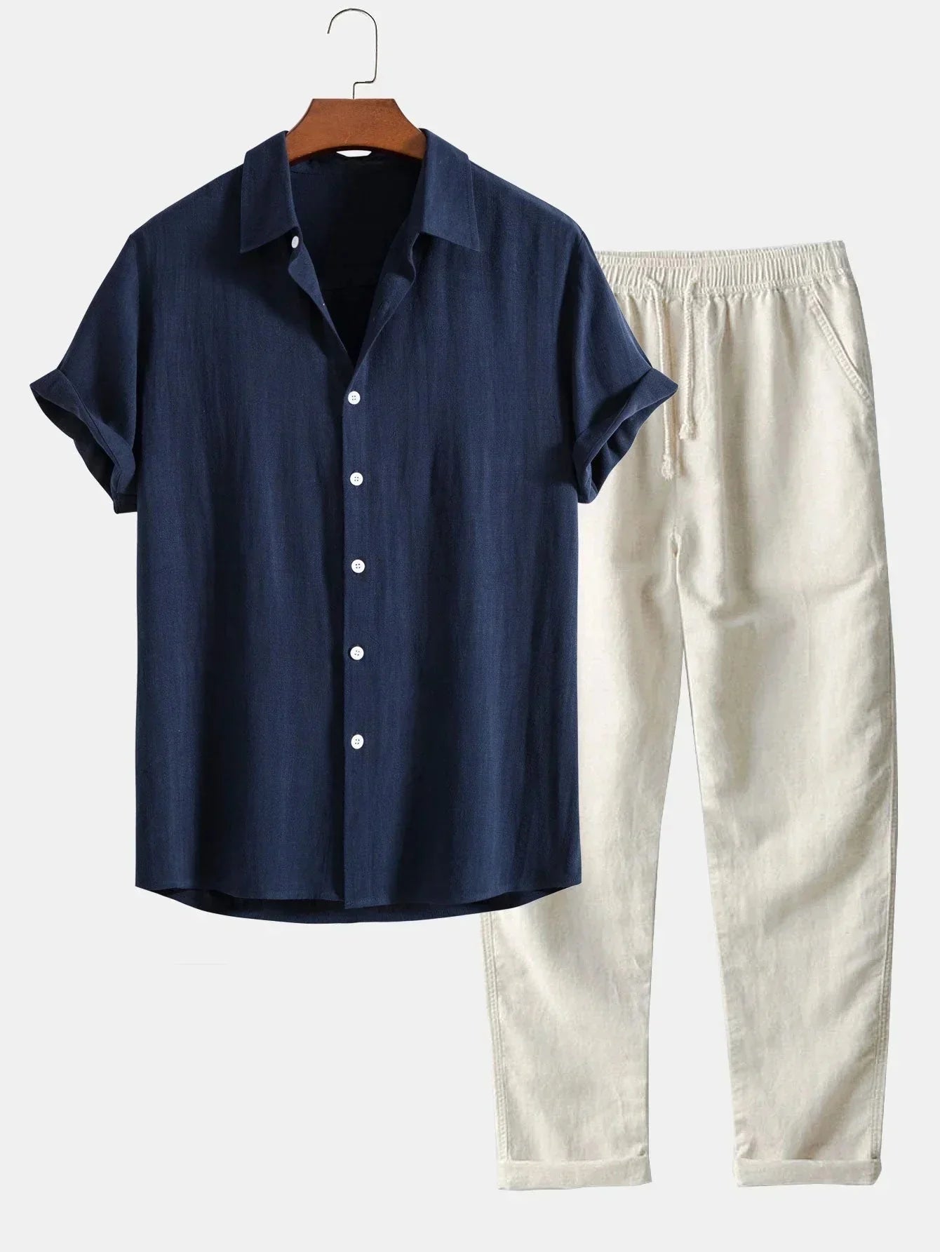 Zweiteiler – Kurzarm – Elastischer Bund – Sommerkleidung – Set für Herren-Marineblau-S-Chaps Herrenmode
