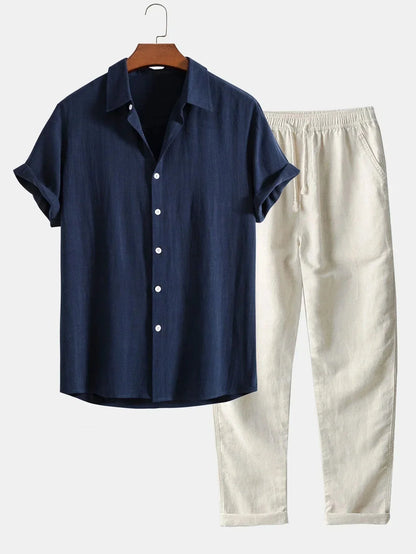 Zweiteiler – Kurzarm – Elastischer Bund – Sommerkleidung – Set für Herren-Marineblau-S-Chaps Herrenmode