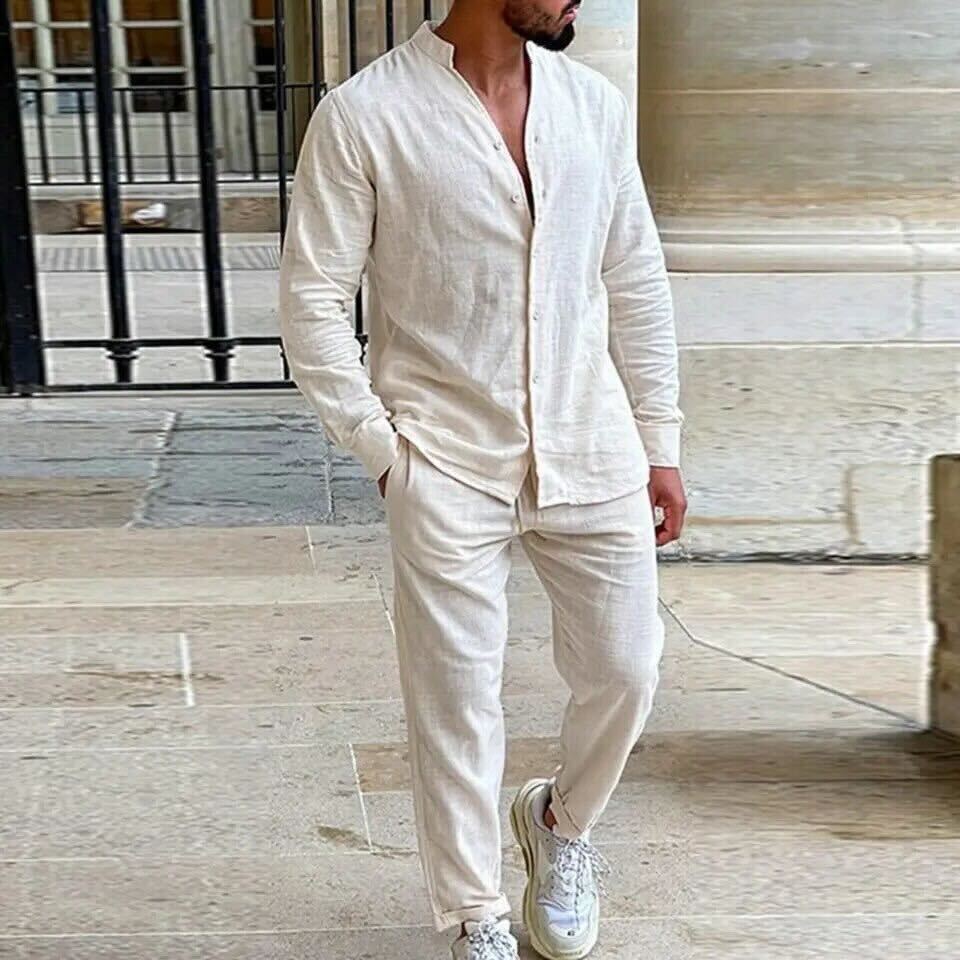 Zweiteiliges Set | Button-Up | Langarm | Leinen Co-Ord Set | Herrenbekleidung-Beige-XS-Chaps Herrenmode