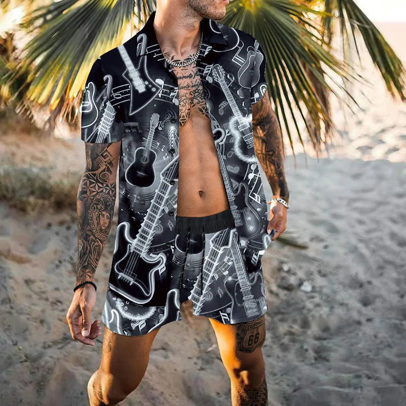 Zweiteiliges Set - Herren Kurzarm-Hawaiihemd Sommer Shorts Set-Schwarz-S-Chaps Herrenmode