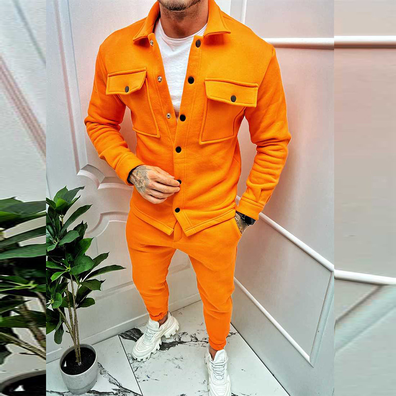 Zweiteiliges Set - Herren Überhemd und Slim Fit Jogger Set-Orange-S-Chaps Herrenmode