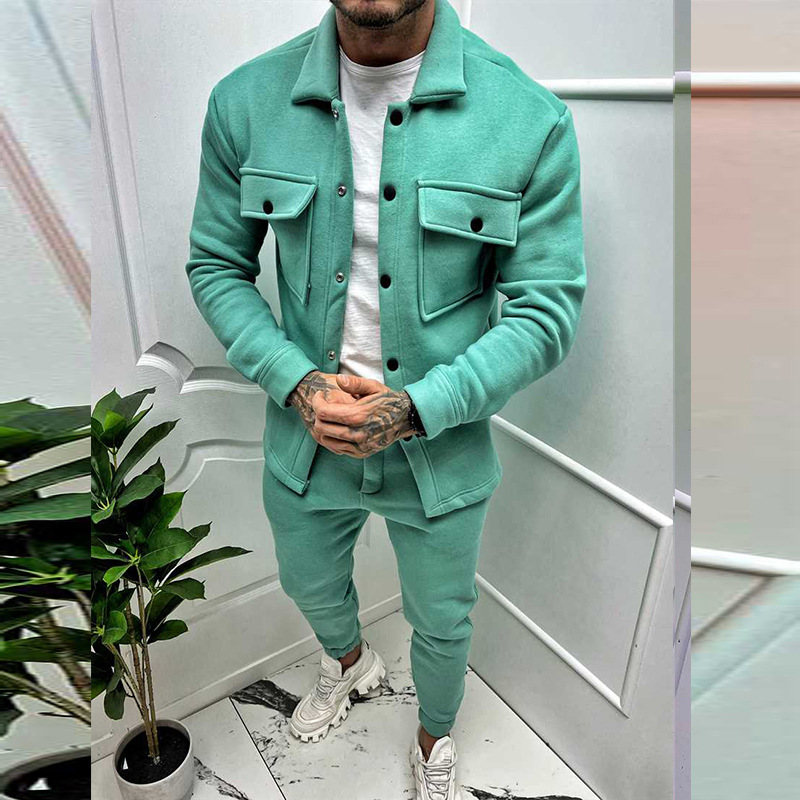 Zweiteiliges Set - Herren Überhemd und Slim Fit Jogger Set-Türkis-S-Chaps Herrenmode