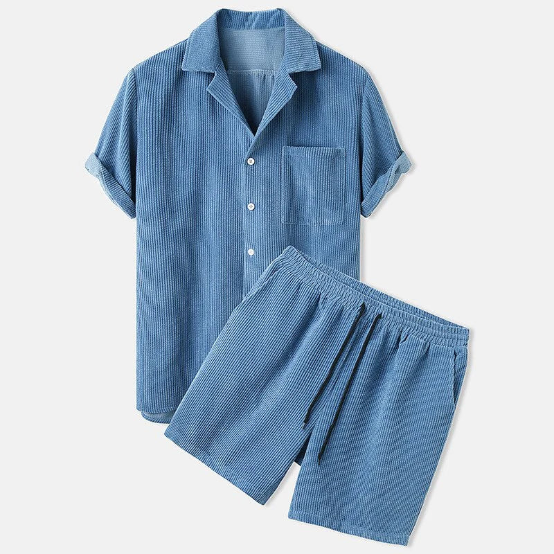 Zweiteiliges Set | Kurzarm | Cord | Set aus Shorts und Hemd | Herren-Kombi-Set-Hellblau-S-Chaps Herrenmode