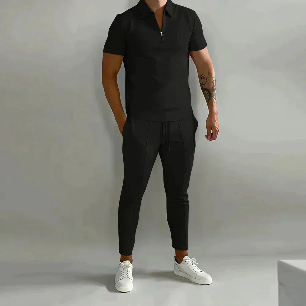 Zweiteiliges Set - Kurzarm - Poloshirt - Co-Ord Set - Herrenbekleidung-Schwarz-S-Chaps Herrenmode