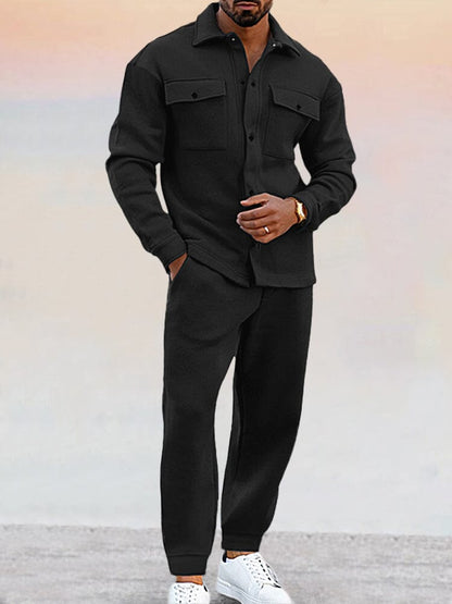 Zweiteiliges Set – Lässiges Overshirt mit langen Ärmeln und Hose für Männer-Schwarz-S-Chaps Herrenmode