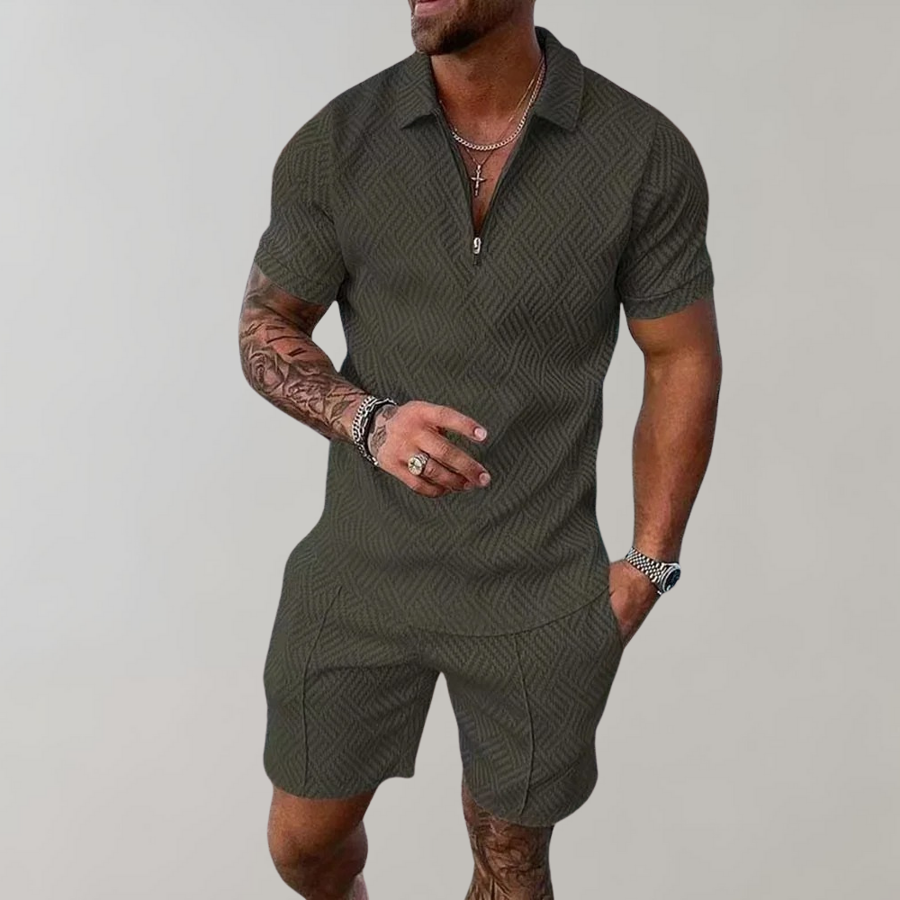 Zweiteiliges Set - Quarter Zip - Polo T-Shirt -Shorts und Shirt Set - Sommerkleidung für Männer-Grün-S-Chaps Herrenmode