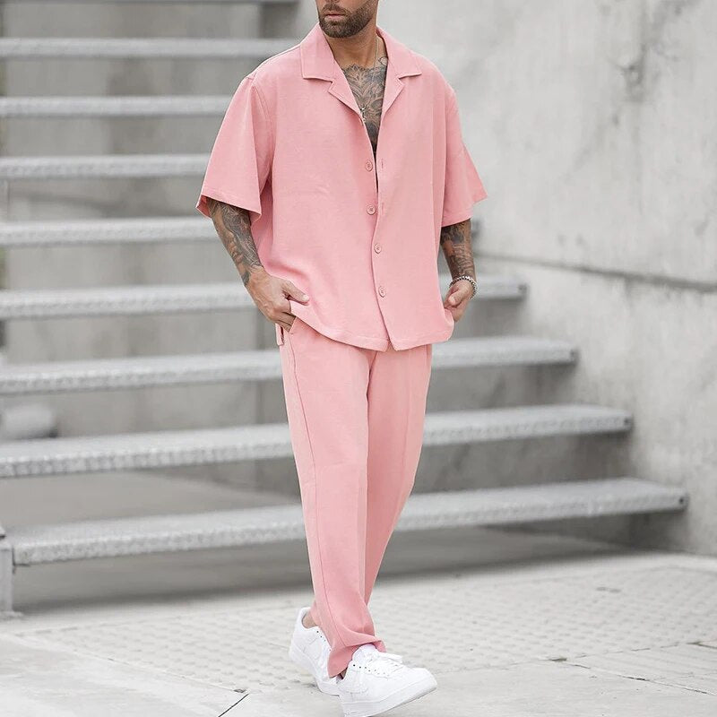 Herren Set Kurzärmelig Rosa 2 Teilig Hose Hemd - BerlinGlamour