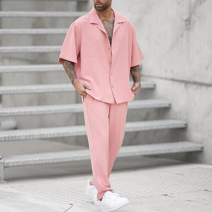Herren Set Kurzärmelig Rosa 2 Teilig Hose Hemd - BerlinGlamour