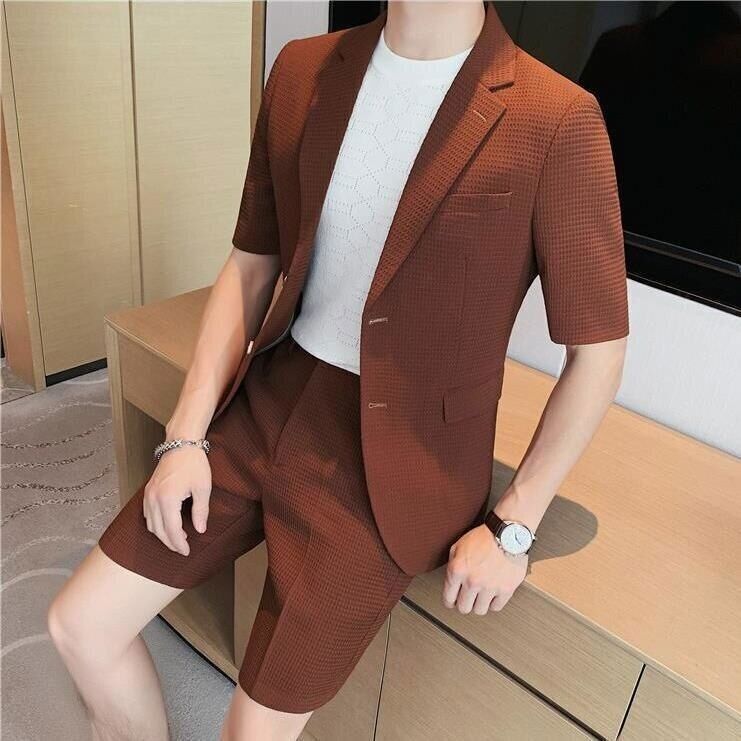Zweiteiliges Set - Stilvoll - Kurze Ärmel - Herren-Blazer - Herrenbekleidung-Braun-M-Chaps Herrenmode
