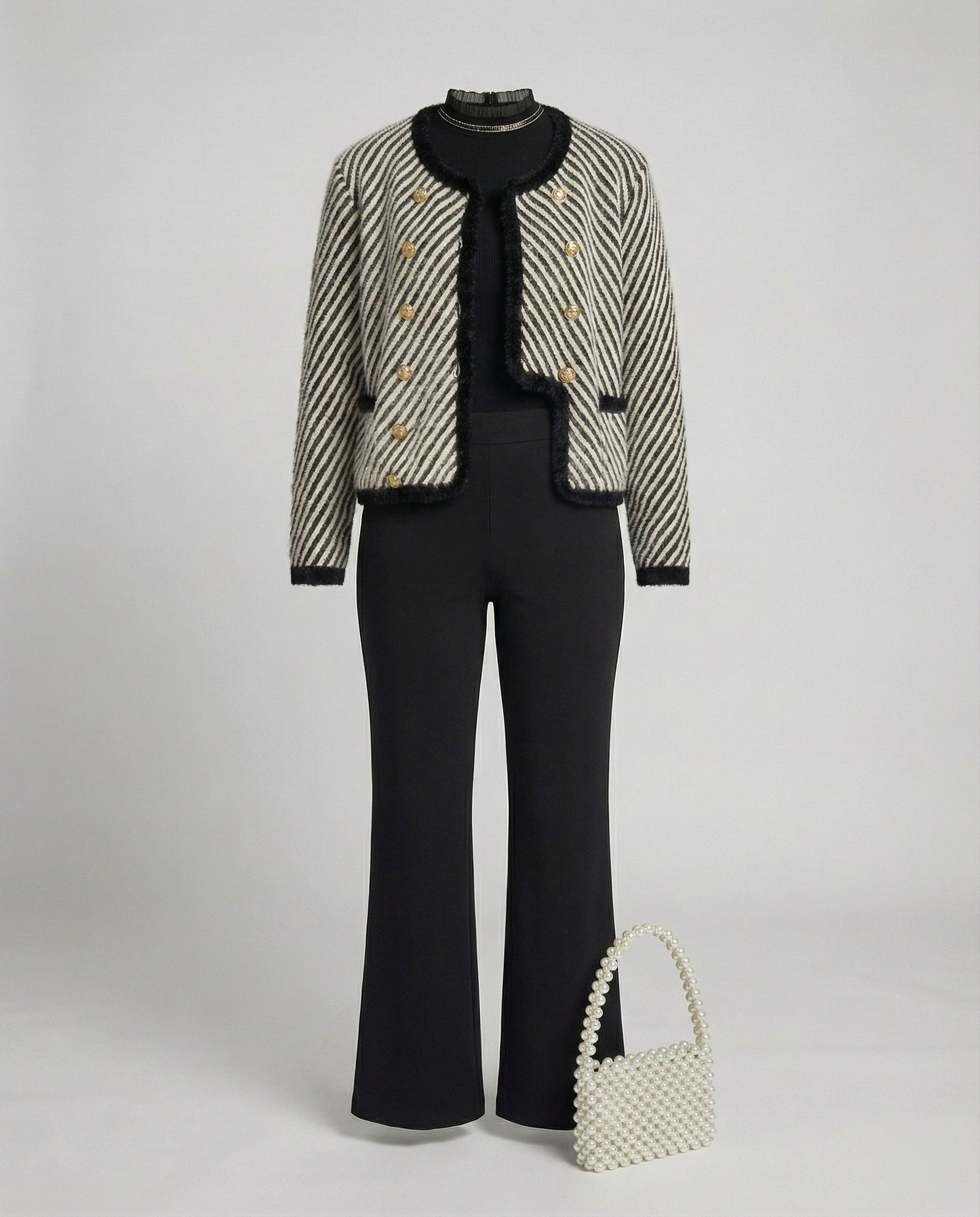 Bouclé-Set Kurz Strickjacke Midirock Damen