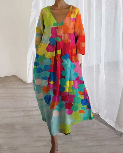 Buntes Sommerkleid V-Ausschnitt Partykleid Farbenfroh