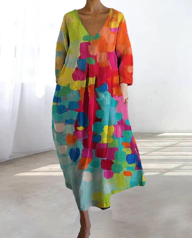 Buntes Sommerkleid V-Ausschnitt Partykleid Farbenfroh