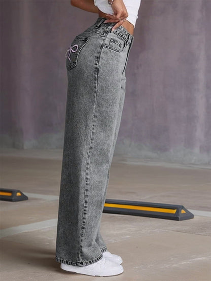 Hohe Taille Damenjeans Weite Bein Spitzen Detail