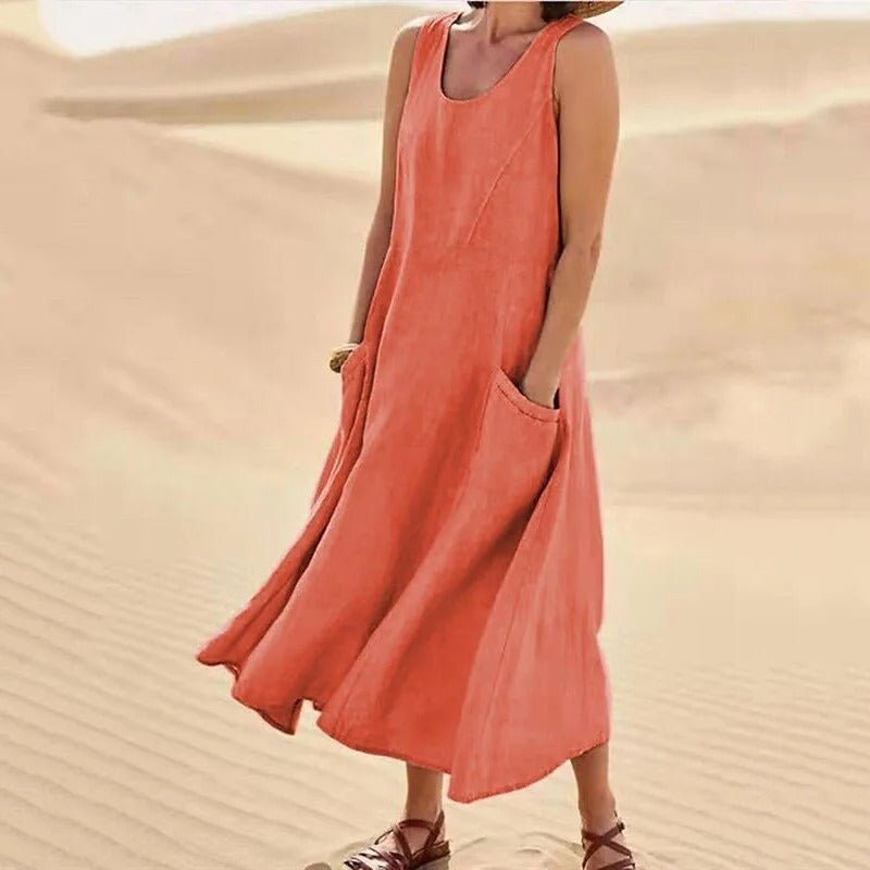 Leinenkleid Damen Ärmellos Sommerkleid mit Taschen