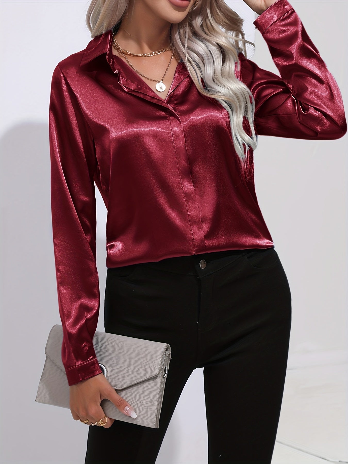 Damenhemd Satin Elegantes Langarm Oberteil