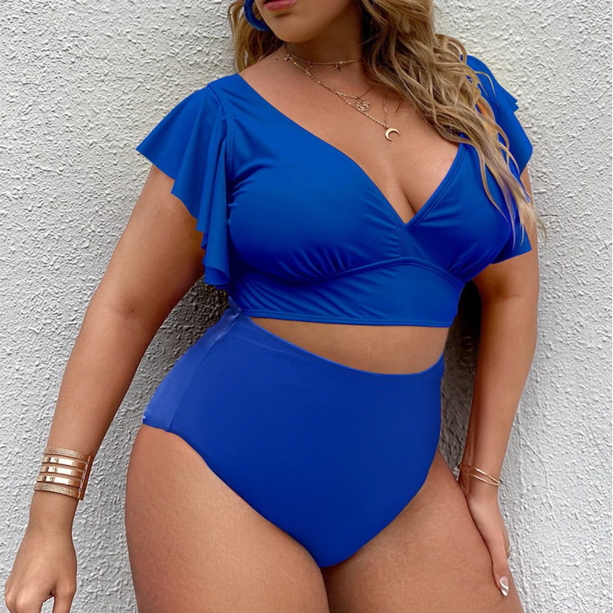 Badeanzug Groß Größe Hochtaille Rüschendruck Damen