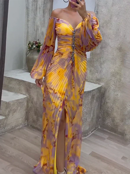 Sommerkleid Off-Shoulder Glitzer Gelb-Lila