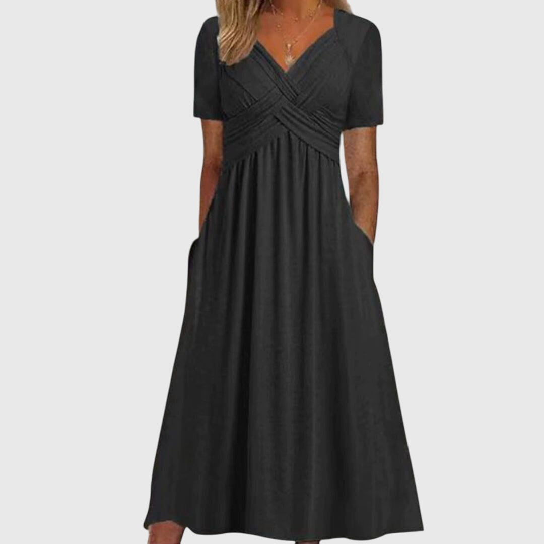 Damen Maxikleid V-Ausschnitt Kurzärmel Sommerkleid