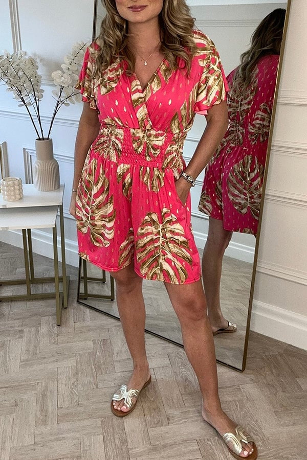 Sommerkleid Tropisches Printkleid Luftig Smoktaille