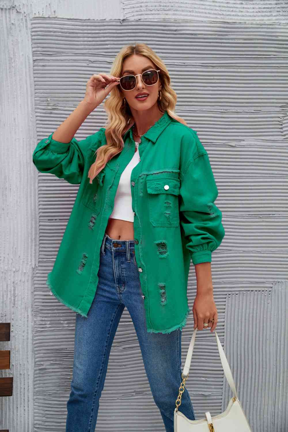 Rohsaum Denimjacke Zerrissen Trendig Frauenjacke
