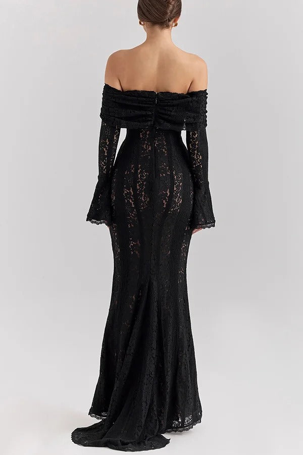 Weiße Off Shoulder Maxi Kleid Spitze Fishtail Damenkleid