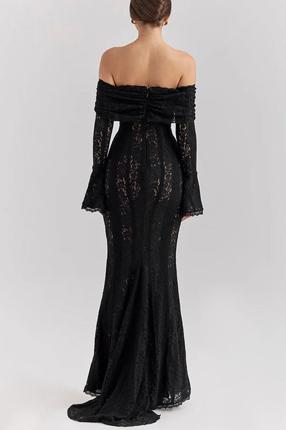 Weiße Off Shoulder Maxi Kleid Spitze Fishtail Damenkleid