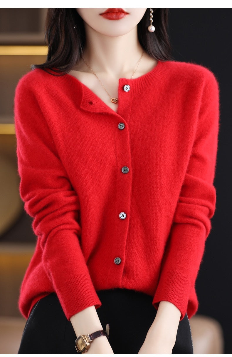 Damen Strickjacke Merino Wolle Rundhals Langärmlig