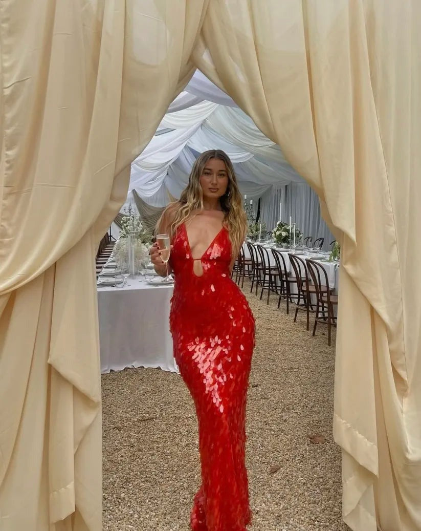 talaine rotes pailletten kleid mit spaghettiträgern