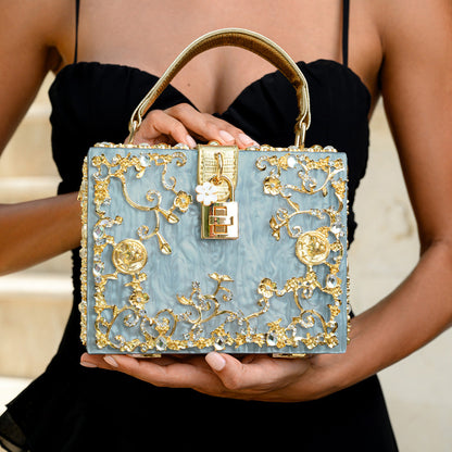 Himmelblaue Clutch Abendtasche mit Golddekor Luxus Design