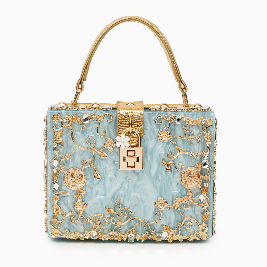 Himmelblaue Clutch Abendtasche mit Golddekor Luxus Design