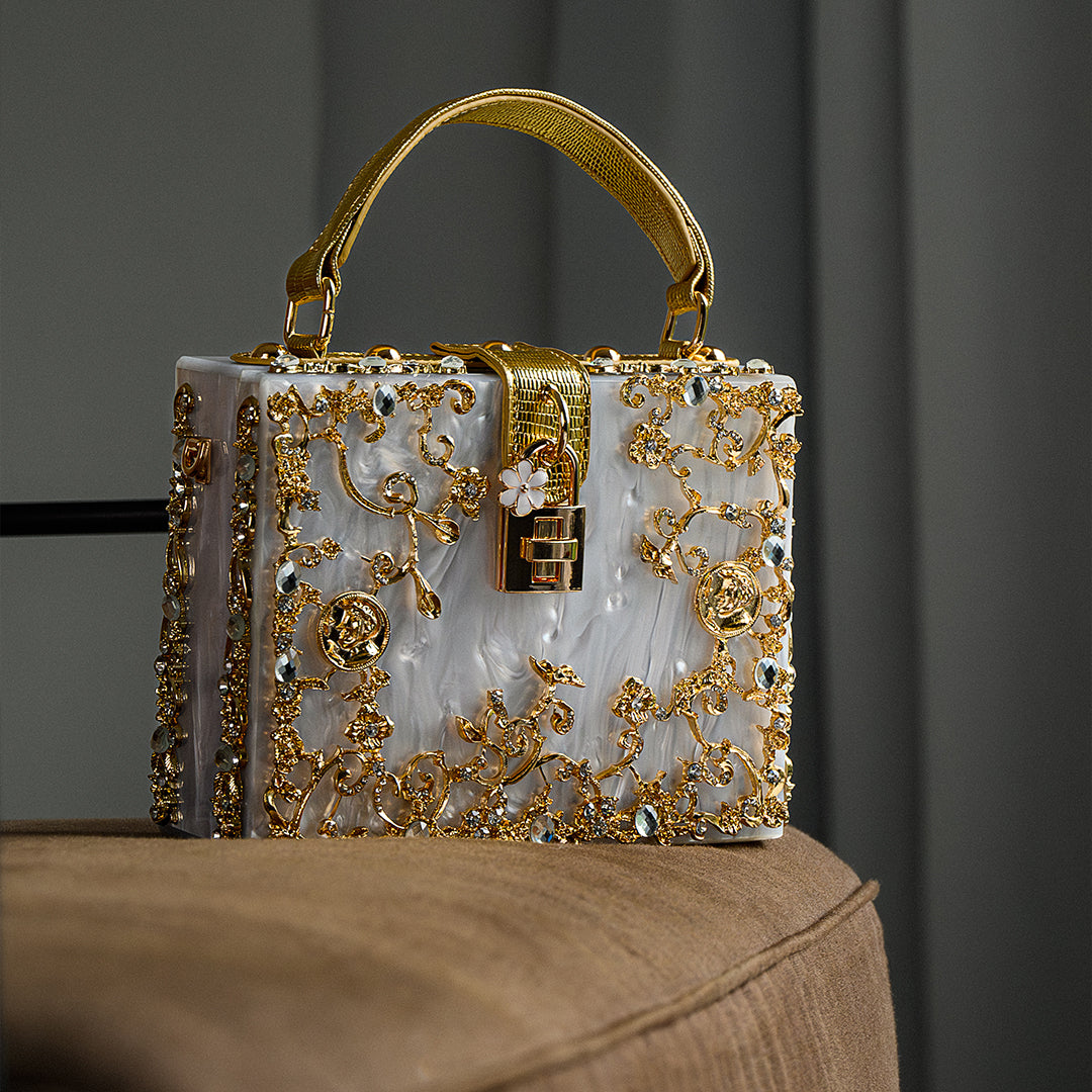 Himmelblaue Clutch Abendtasche mit Golddekor Luxus Design