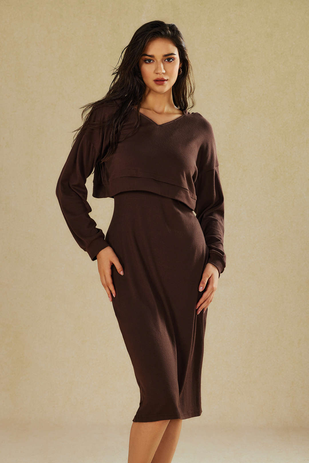 Lässiges Zweiteiler Set Hoodie Midi Kleid Damen