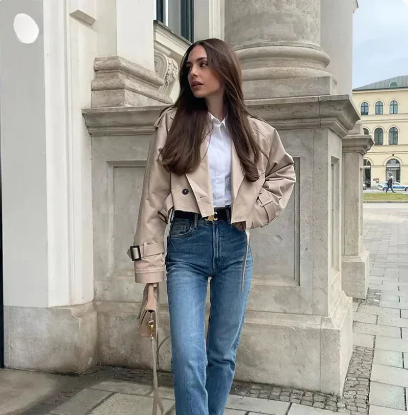 Langarmiger Trenchcoat Damen Verstellbarer Gürtel Schwarz